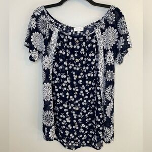 Siren Lily Maternity Navy Blue Floral Print Short Sleeve Top Size Large